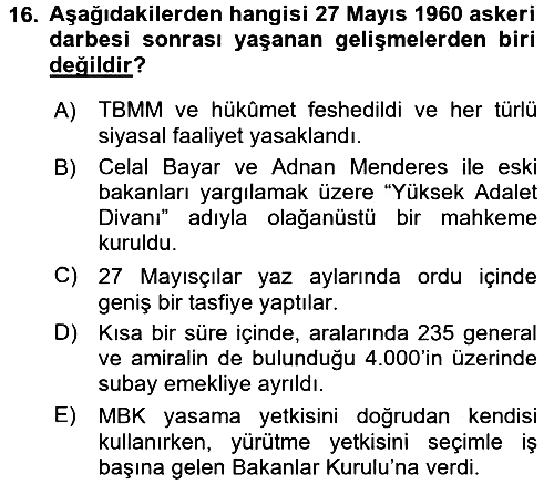 Türk Siyasal Hayatı 2016-2017 3 Ders Sınavı - 16. soru