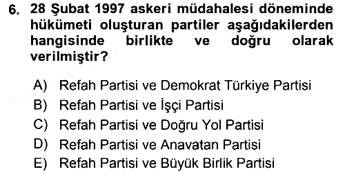 Türk Siyasal Hayatı 2017-2018 Dönem Sonu Sınavı - 6. soru