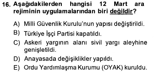 Türk Siyasal Hayatı 2014-2015 Tek Ders Sınavı - 16. soru