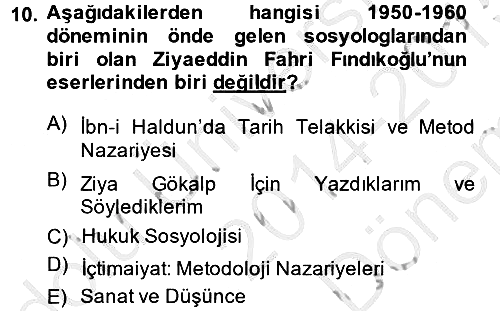 Türkiye´de Sosyoloji 2014-2015 Dönem Sonu Sınavı - 10. soru