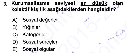 Türkiye´de Sosyoloji 2015-2016 Dönem Sonu Sınavı - 3. soru