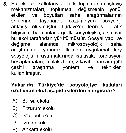 Türkiye´de Sosyoloji 2022-2023 Yaz Okulu Sınavı - 8. soru