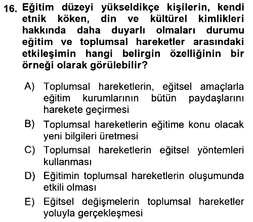 Yeni Toplumsal Hareketler 2018-2019 Dönem Sonu Sınavı - 16. soru