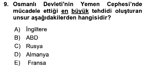 Birinci Dünya Savaşı’nda Türk Cepheleri 2024-2025 Dönem Sonu Sınavı - 9. soru