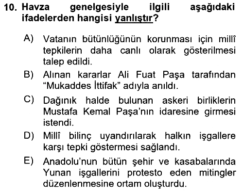 Milli Mücadele Tarihi 2023-2024 Ara Sınav - 10. soru