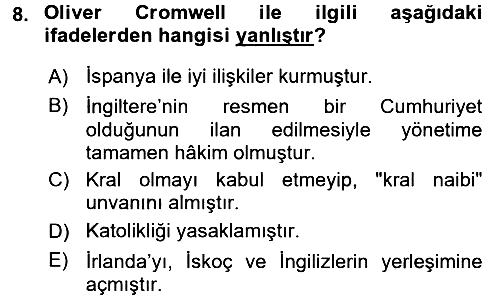 Ortaçağ-Yeniçağ Avrupa Tarihi 2016-2017 Dönem Sonu Sınavı - 8. soru