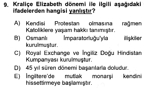 Ortaçağ-Yeniçağ Avrupa Tarihi 2018-2019 Dönem Sonu Sınavı - 9. soru