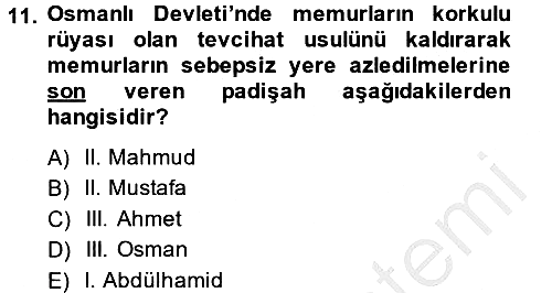 Osmanlı Devlenti’nde Yenileşme Hareketleri (1703-1876) 2013-2014 Ara Sınav - 11. soru
