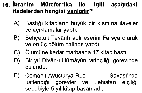 Osmanlı Tarihi (1566-1789) 2016-2017 Dönem Sonu Sınavı - 16. soru