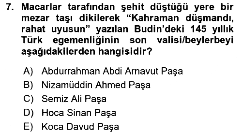 Osmanlı Tarihi (1566-1789) 2021-2022 Dönem Sonu Sınavı - 7. soru