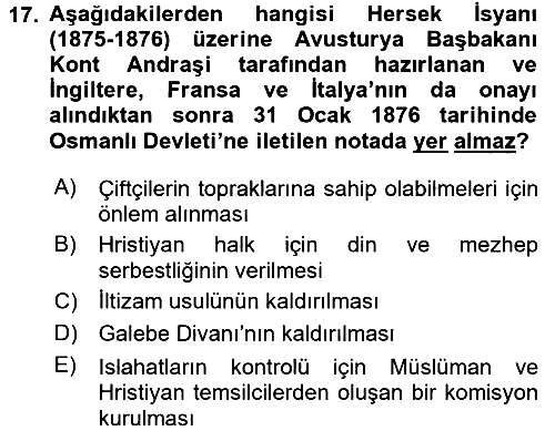 Osmanlı Tarihi (1789-1876) 2016-2017 Dönem Sonu Sınavı - 17. soru