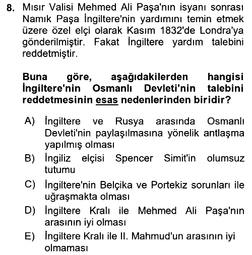 Osmanlı Tarihi (1789-1876) 2021-2022 Dönem Sonu Sınavı - 8. soru