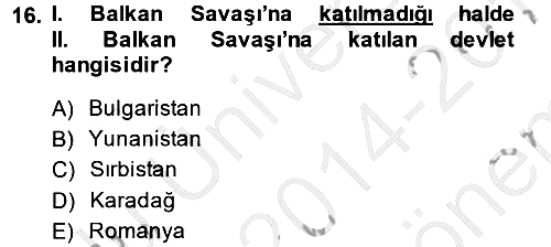 Osmanlı Tarihi (1876–1918) 2014-2015 Dönem Sonu Sınavı - 16. soru