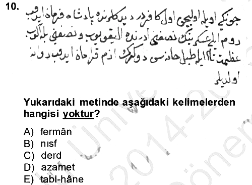 Osmanlı Türkçesi Metinleri 1 2014-2015 Dönem Sonu Sınavı - 10. soru