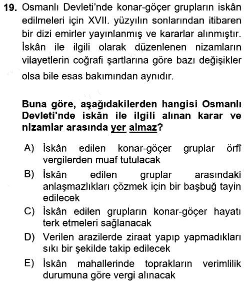 Osmanlı´da İskan ve Göç 2018-2019 Ara Sınav - 19. soru