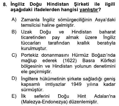 Sömürgecilik Tarihi (Avrupa-Amerika) 2018-2019 3 Ders Sınavı - 8. soru