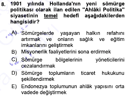 Sömürgecilik Tarihi (Avrupa-Amerika) 2015-2016 Ara Sınav - 8. soru