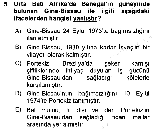 Sömürgecilik Tarihi (Avrupa-Amerika) 2016-2017 Ara Sınav - 5. soru