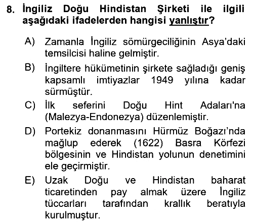 Sömürgecilik Tarihi (Avrupa-Amerika) 2018-2019 Dönem Sonu Sınavı - 8. soru