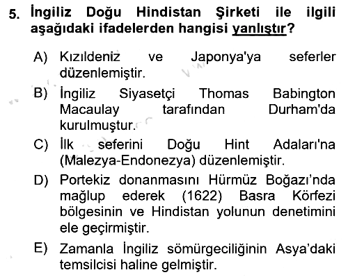 Sömürgecilik Tarihi (Avrupa-Amerika) 2019-2020 Dönem Sonu Sınavı - 5. soru
