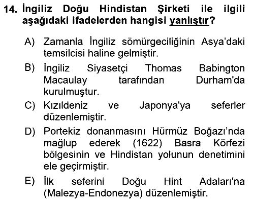 Sömürgecilik Tarihi (Avrupa-Amerika) 2021-2022 Yaz Okulu Sınavı - 14. soru