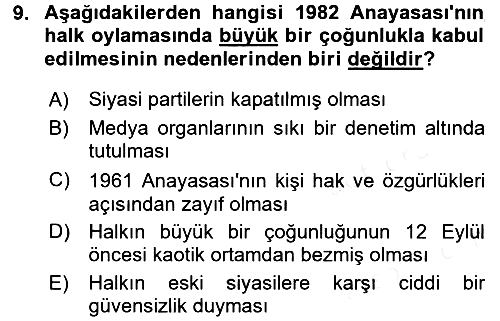 Türkiye Cumhuriyeti Siyasî Tarihi 2017-2018 3 Ders Sınavı - 9. soru