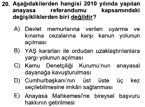 Türkiye Cumhuriyeti Siyasî Tarihi 2017-2018 3 Ders Sınavı - 20. soru