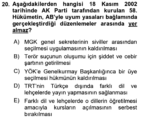 Türkiye Cumhuriyeti Siyasî Tarihi 2018-2019 3 Ders Sınavı - 20. soru