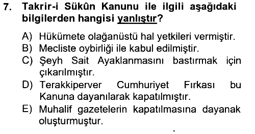 Türkiye Cumhuriyeti Siyasî Tarihi 2012-2013 Ara Sınav - 7. soru