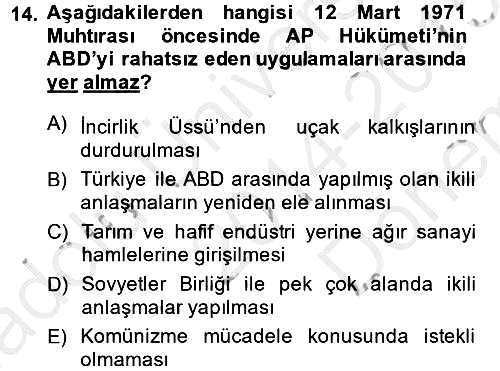 Türkiye Cumhuriyeti Siyasî Tarihi 2014-2015 Dönem Sonu Sınavı - 14. soru