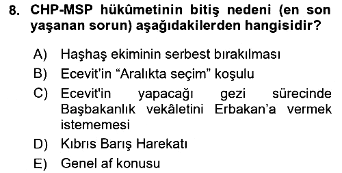 Türkiye Cumhuriyeti Siyasî Tarihi 2023-2024 Dönem Sonu Sınavı - 8. soru