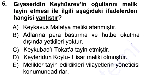 Türkiye Selçuklu Tarihi 2012-2013 Dönem Sonu Sınavı - 5. soru