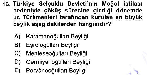 Türkiye Selçuklu Tarihi 2015-2016 Dönem Sonu Sınavı - 16. soru