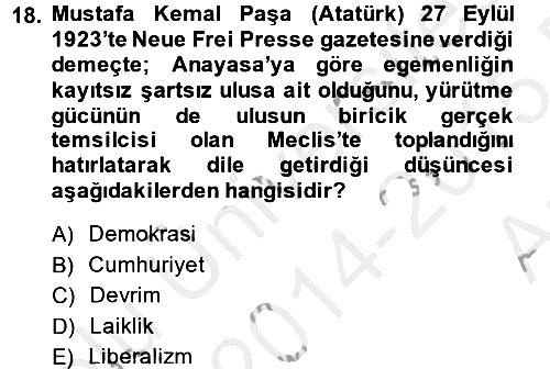 Türkiye´de Demokrasi Ve Parlamento 2014-2015 Ara Sınav - 18. soru