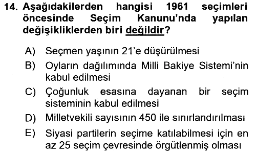 Türkiye´de Demokrasi Ve Parlamento 2016-2017 Dönem Sonu Sınavı - 14. soru