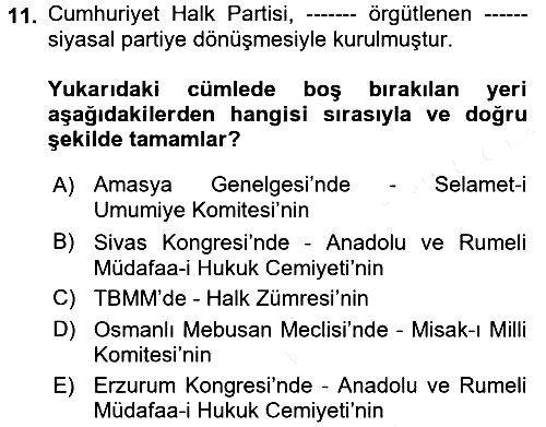 Türkiye´de Demokrasi Ve Parlamento 2017-2018 Dönem Sonu Sınavı - 11. soru
