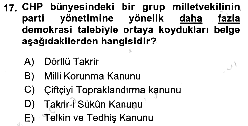 Türkiye´de Demokrasi Ve Parlamento 2021-2022 Yaz Okulu Sınavı - 17. soru
