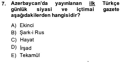 XIX. Yüzyıl Türk Dünyası 2013-2014 Dönem Sonu Sınavı - 7. soru