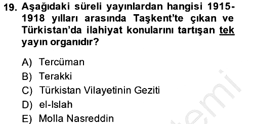 XIX. Yüzyıl Türk Dünyası 2014-2015 Dönem Sonu Sınavı - 19. soru
