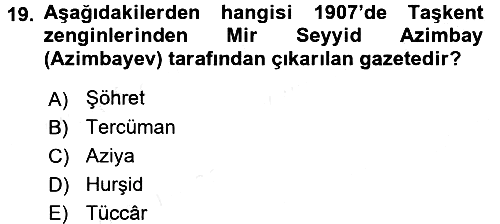 XIX. Yüzyıl Türk Dünyası 2017-2018 Dönem Sonu Sınavı - 19. soru