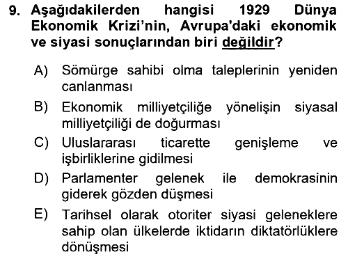 Yakınçağ Avrupa Tarihi 2018-2019 Dönem Sonu Sınavı - 9. soru