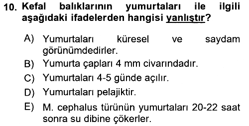 Balık Yetiştiriciliği 2015-2016 Tek Ders Sınavı - 10. soru