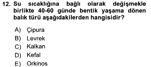 Balık Yetiştiriciliği 2015-2016 Tek Ders Sınavı - 12. soru