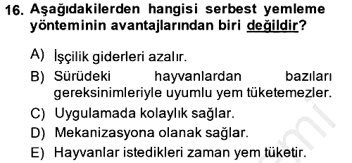 Hayvan Besleme 2013-2014 Dönem Sonu Sınavı - 16. soru
