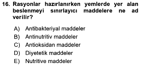 Hayvan Besleme 2023-2024 Dönem Sonu Sınavı - 16. soru