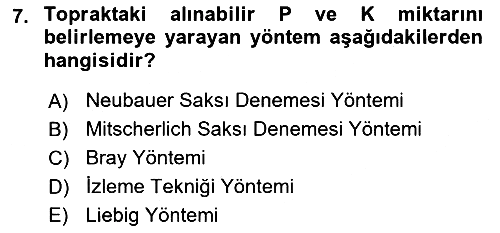 Toprak Bilgisi ve Bitki Besleme 2018-2019 3 Ders Sınavı - 7. soru