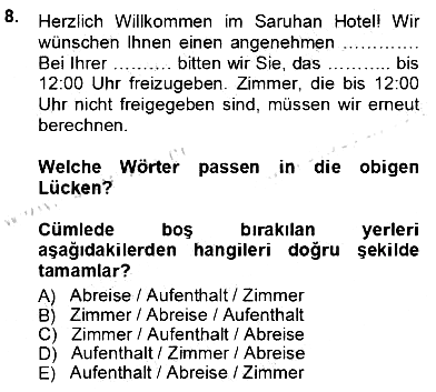 Turizm İçin Almanca 1 2012-2013 Ara Sınav - 8. soru