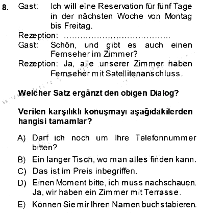 Turizm İçin Almanca 1 2013-2014 Ara Sınav - 8. soru