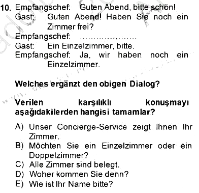 Turizm İçin Almanca 1 2014-2015 Ara Sınav - 10. soru