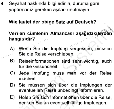 Turizm İçin Almanca 1 2015-2016 Ara Sınav - 4. soru